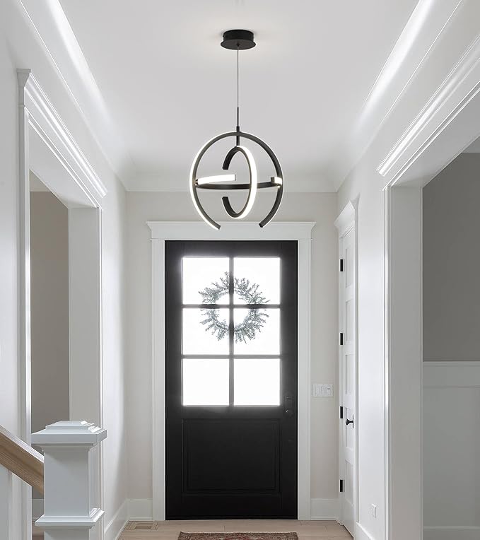 Q&S Modern Led Chandelier,Black Round Globe Hanging Pendant Light for Entryway Kitchen Island Dining Room Living Room Stairway