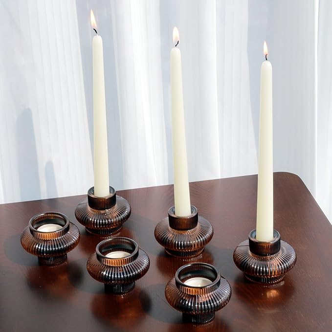 VOHO Brown Candlestick Holders Set of 6, Old Fashioned Candle Sticks Holder Decor for Daily Room/Halloween/Thanksgiving Party, Double Side Taper Candle Holders for Candlesticks/Tealight Candles(Brown)