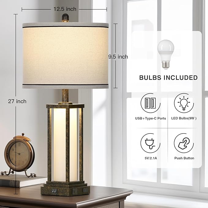 27" Tall Vintage Table Lamp with USB C+A & Outlet,Bronze Industrial End Table Lamp for Living Room,Farmhouse Rustic Bedside Lamp with Frosted Glass Night Light for Bedroom Nightstand,Bronze-1P