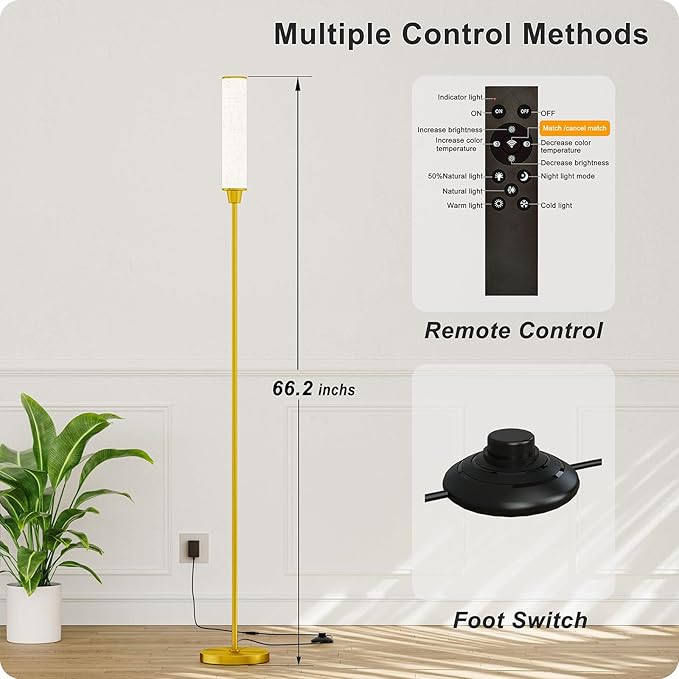 Floor Lamp with Remote Control,Floor Lamps for Living Room/Bedroom/Office, Stepless Adjustable 3000K-6000K Colors and 10-100% Brightness,Standing Light with Foot Switch (brassgold+Beige Linen)