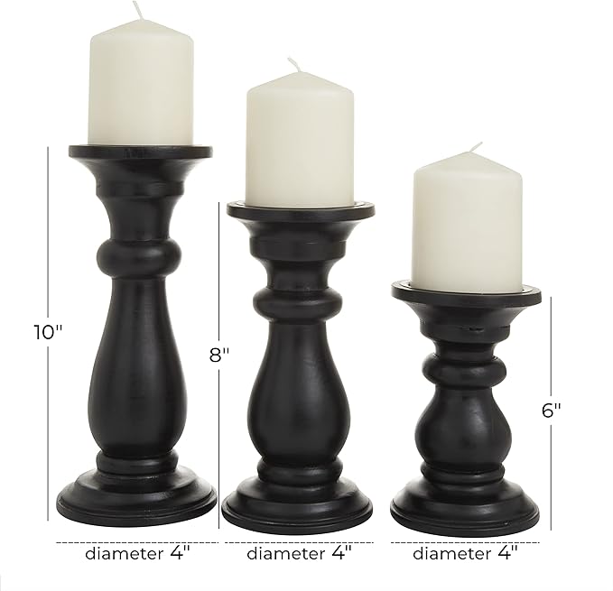 Deco 79 Mango Wood Decorative Candle Holder Turned Style Pillar Candle Stand, Set of 3 Candlestick Holder 10", 8", 6"H, Black