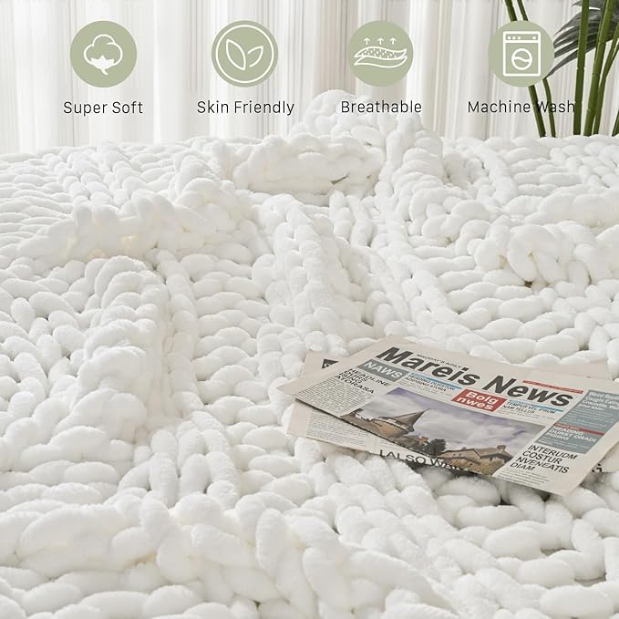 Esterra Chunky Knit Blanket Throw, 100% Handmade Chenille Throw Blanket 50"x60", Soft Thick Yarn Cable Knit Crochet Throw Blanket Rope Knot Throw for Couch Bed Sofa, Bright White