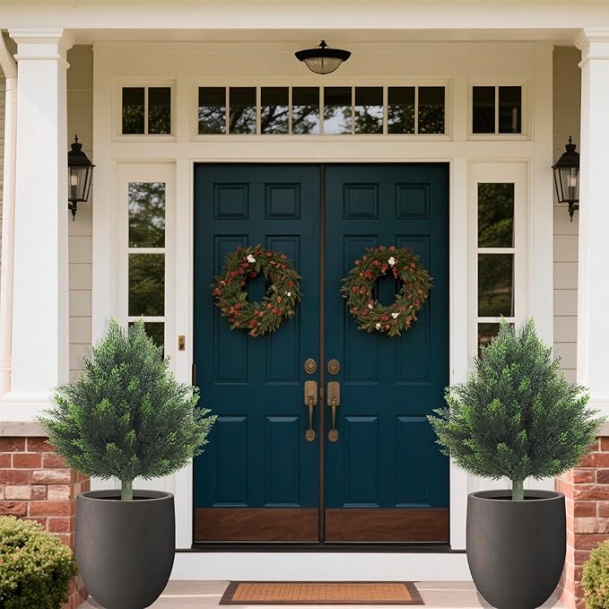 R's Ceder Artificial Topiary Cedar Tree 32 inch Faux Little Bush Cedar Tree UV Resistant Shrub Potted Artificial Plant for Outdoor Indoor Front Porch Garden (2 Pack)