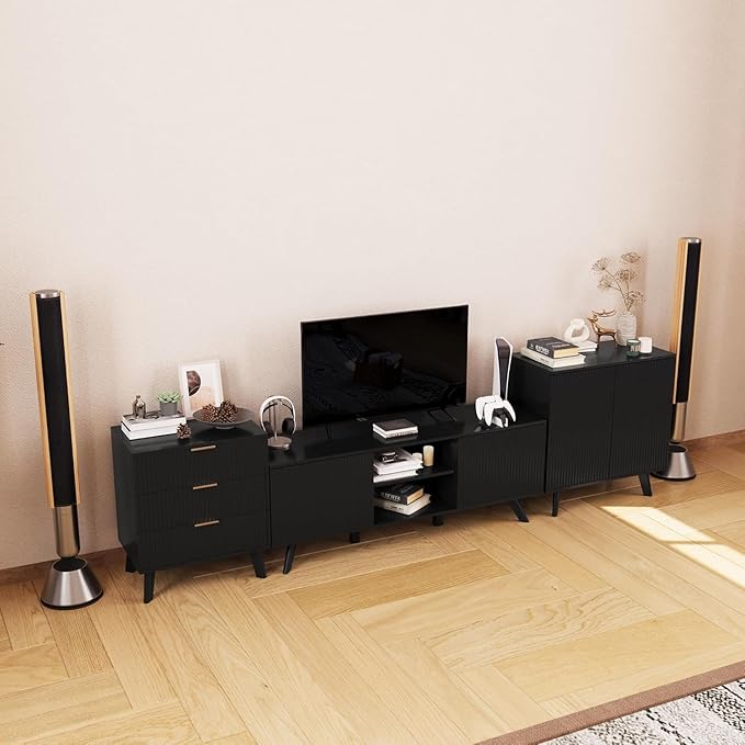 Modern Sideboard Buffet Cabinet Console Table, Accent Storage Cabinet with Fluted Doors for Kitchen Dining Living Room Entryway (Black)