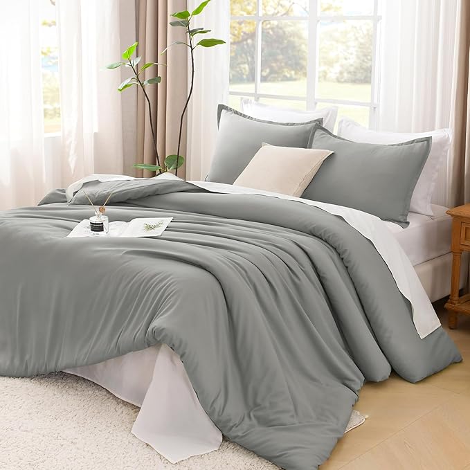 Litanika Comforters Medium Gray Super King Plus Size, 3 Pieces Lightweight Solid Bedding Set & Collections, All Season Fluffy Bed Set (128x120In Comforter & 2 Pillowcases)