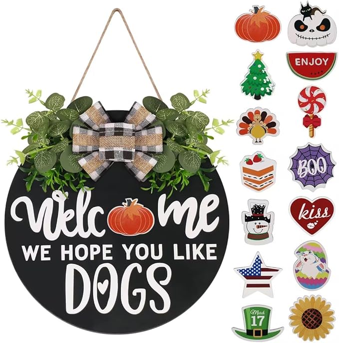 Interchangeable Wooden Seasonal Welcome Sign, Rustic Round Dogs Sign Front Door Wreaths for Home/Wall/Porch Decor, for Easter Spring Summer Fall Halloween Christmas All Season Decorations
