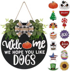 Interchangeable Wooden Seasonal Welcome Sign, Rustic Round Dogs Sign Front Door Wreaths for Home/Wall/Porch Decor, for Easter Spring Summer Fall Halloween Christmas All Season Decorations