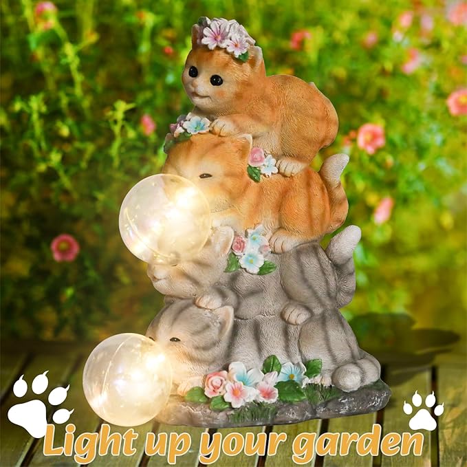Solar Cat Garden Statue Resin Cat Statue Decor Outdoor with LED Lights for Outside Yard Art Lawn Ornaments Patio, Cat Lovers Gifts