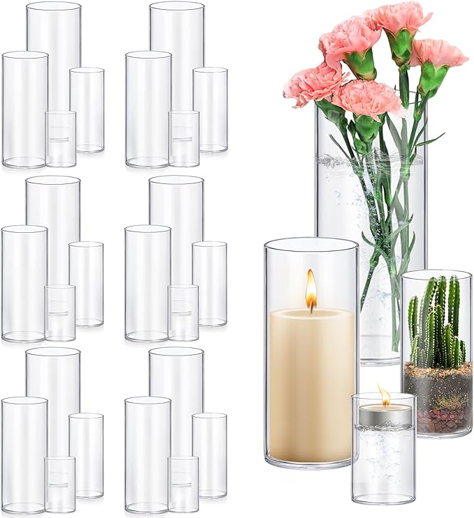 24 Pack Glass Cylinder Vases 4,6,8,10 Inch Tall Clear Flower Vase Hurricane Floating Candle Holder for Table Centerpiece Wedding Home Decor