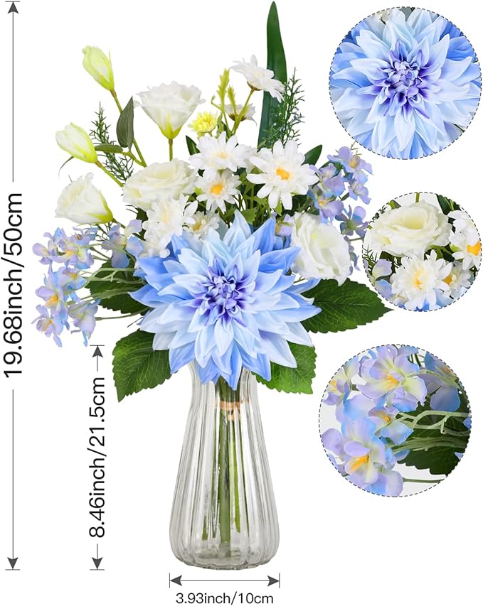 Nubry Fake Artificial Flowers in Vase,Faux Silk Dahlia Flower Bouquet Floral Arrangement Fake Plant Decor for Tables Centerpieces,Home Office Party Wedding Decor(Blue with Vase)