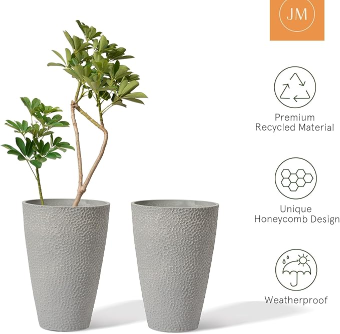 LA JOLIE MUSE 20 inch Tall Planters Set of 2, Tall Round Planters for Outdoor Plants, Grey Flower Pots for Front Door,Patio and Deck,Honeycomb.