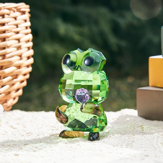 Crystal Frog Figurine with Purple Rose - Glass Animals Desk Decor & Home Office Ornament, Handmade Art Collectible Gifts