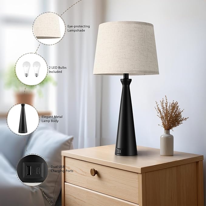 Seealle Modern Table Lamps Set of 2 - Touch Bedside Lamp for Nightstand with USB C+A,3-Way Dimmable Black Nightstand Lamps for Living Room Bedroom End Table with Beige Shade(Bulb Included)