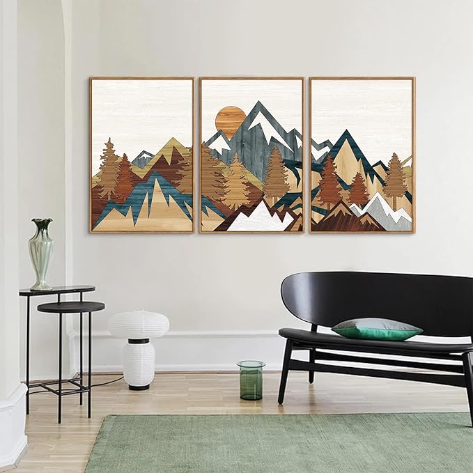 SIGNINART Large Mountain Framed Canvas Wall Art, Boho Sunrise Wilderness Art Prints, Vintage Forest Nature Artwork, Modern Farmhouse Woodcut Style Wall Decor for Living Room Bedroom Office 24"x36"x3