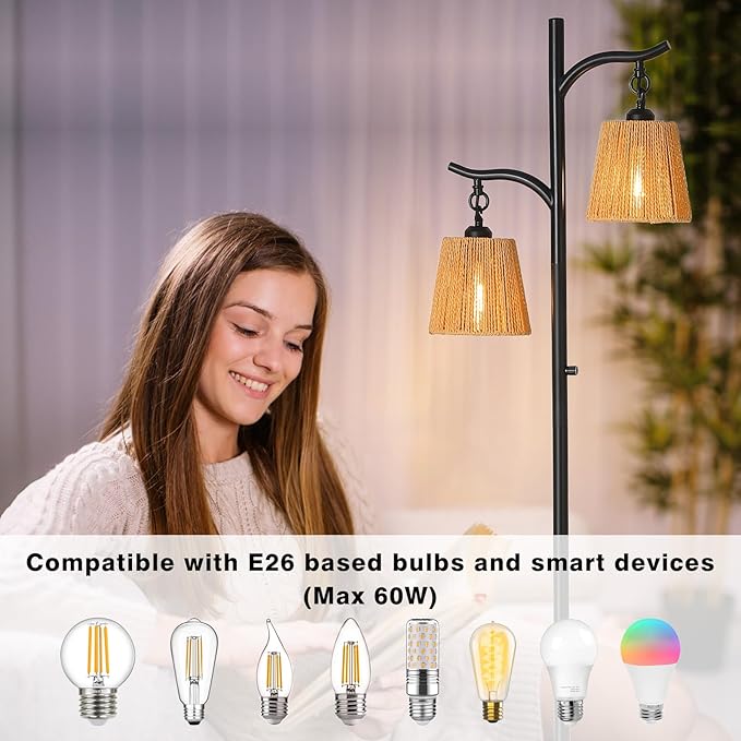 9MMML Rattan Floor Lamp for Living Room, Boho Floor Lamp with 2 Hanging Wicker Lamp Shade, 67'' Farmhouse Dimmable Black Standing Lamp with Rotary Switch for Bedroom, 2 x 800LM LED Bulbs Included