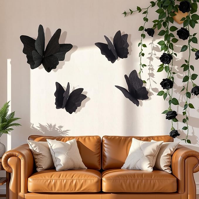 Party Butterfly Decorations, Black 3D Butterfly Birthday Decoration, 4 Pcs Crepe Paper Hanging Decor for Room, School, Black Theme, Flower Party for Garden, Dining Table Decor
