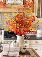 Beferr Fall Eucalyptus Stems Christmas Decor - 5Pcs 32" Tall Faux Eucalyptus Leaves Pumpkins Branches Autumn Thanksgiving Farmhouse Harvest Fireplace Table Centerpiece Home Decorations