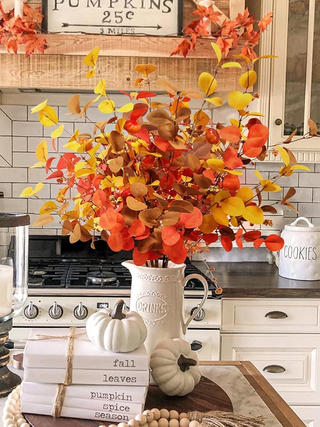 Beferr Fall Eucalyptus Stems Christmas Decor - 5Pcs 32" Tall Faux Eucalyptus Leaves Pumpkins Branches Autumn Thanksgiving Farmhouse Harvest Fireplace Table Centerpiece Home Decorations