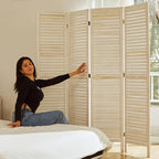 White Room Divider, Temporary Wall with Double Hinges, 5.6 Ft Tall Folding Louver Wood Screen for Home Office Bedroom Hotel Decoration (4 Panels, White-Washed)