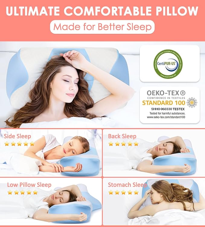 Cervical Pillow for Neck Pain Relief, Memory Foam Pillow for Sleepin, Ergonomic Contour Pillows, Orthopedic Pillow with Washable Pillowcase, for Side Back Stomach Sleepers