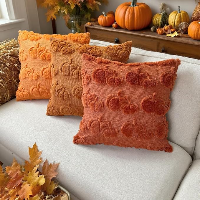 Booque Valley Fall Decorative Pillow Covers Set of 2 20"x20" Soft Plush Faux Fur Wool 3D Rust Pumpkin Throw Pillowcases for Autumn Thanksgiving Harvest Decor, Rust Red
