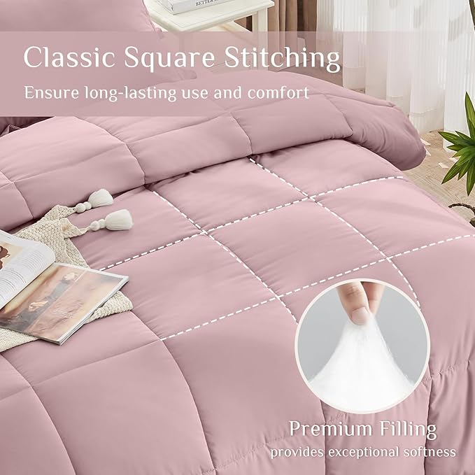 JOLLYVOGUE Twin XL Comforter Set, Ultra-Soft Bed in a Bag Twin XL Size 5 Pieces, Oeko-TEX Certified Bedding Set with Down Alternative Comforter, Sheets, Pillowcases & Shams, Camio Pink