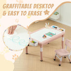 Multi Functional Kids Table and 2 Chairs Set, Graffiti & Building Blocks Double-Sided Tabletop, Toddler Play Table with Drawers, Large Storage Space, Gift for Boys/Girls, Pink