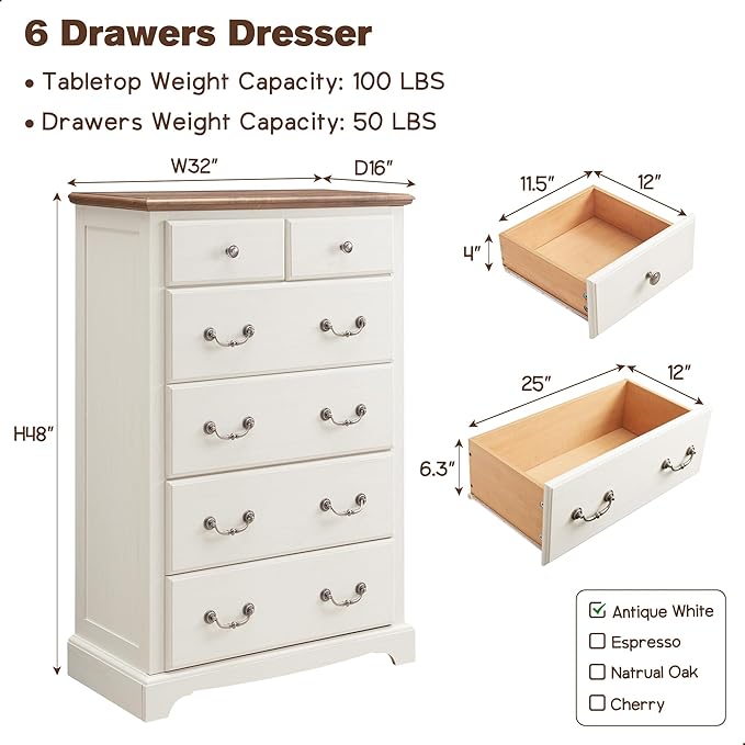 T4TREAM 6 Drawers Dresser Chests for Bedroom, 48" Tall Rustic Chset of Drawers, Wood Dressers Organizer for Bedroom, Living Room,Hallway, Antique White