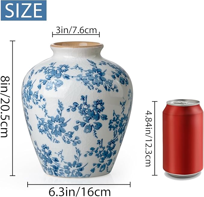 Blue and White Vase, 8 Inch Vintage Chinoiserie Ceramic Vase, Rustic Flower Vases Decorative Antique Vases for Home Decor, Retro Ice Cracked Porcelain Farmhouse Table Centerpieces Decor