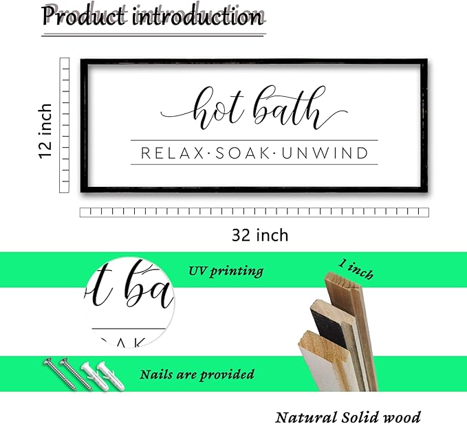 ZZJJHYWGQ Hot Bath Relax Soak Unwind Sign Bathroom Wall Decor 32"×12" Farmhouse Rustic Funny Bathroom Vintage Restroom Guest Large Wooden Framed Washroom Hanging Art (Black)