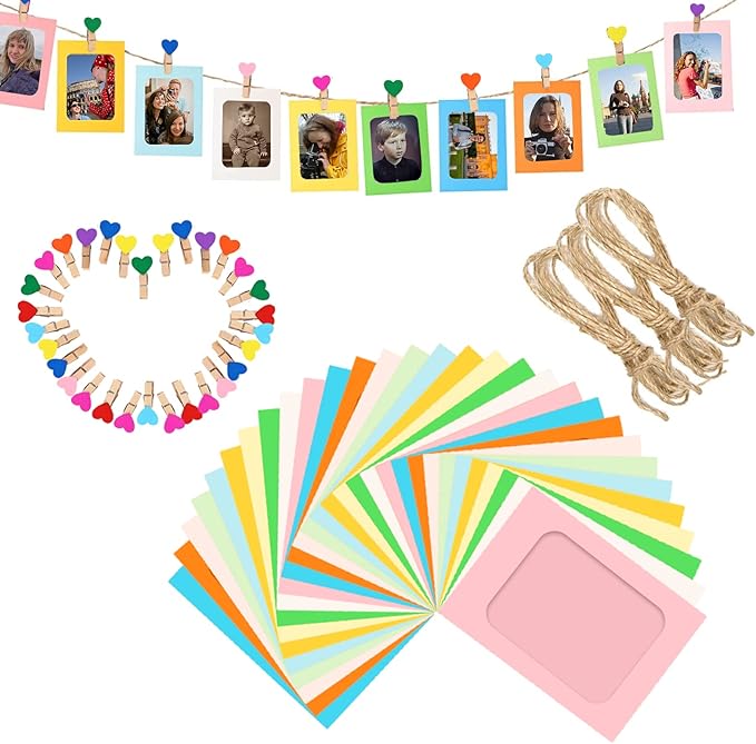 30 Pcs Color Paper Photo Frame Wall Decoration for 4x6 Inch Photos, with Color Heart Clips 30 Pcs and 3 Ropes for Home, Office, School Classroom, Wedding and Party Decoration.