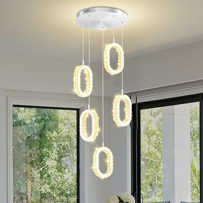 Silver 5-Light Chandelier Pendant Light for Kitchen Island, Dimmable Oval Crystal Ring Chandelier for Dining Room, Hallway, Entryway, Passway, Bedroom, Balcony Living Room