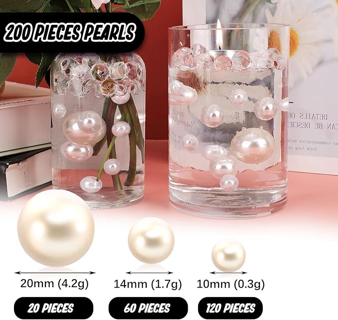 200 PCS White Vase Fillers, Pearls Bead for Centerpieces Vases, 10/14/20 MM No Hole Beads, Fake Pearls for Wedding Birthday Anniversary Theme Party Table Centerpieces Decor