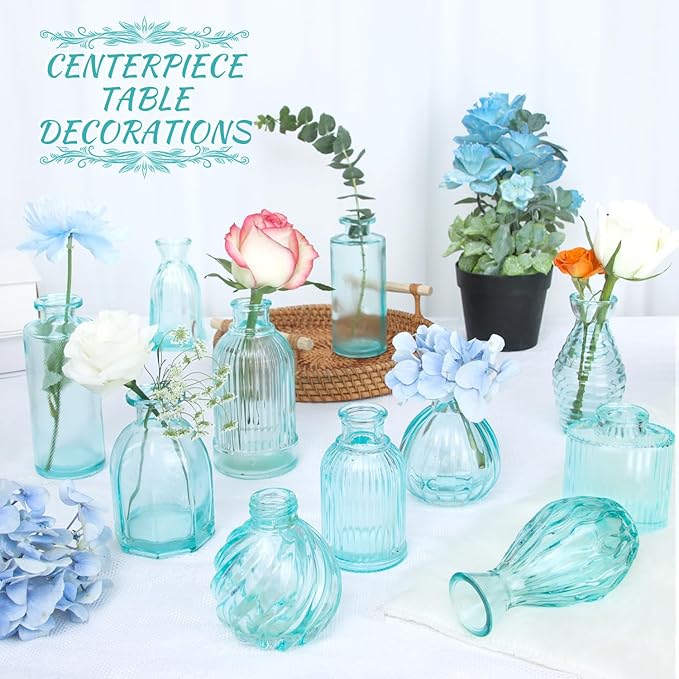 Bud Vases Set of 12, Blue Glass Vase Small Vintage Flower Vase for Decor Ribbed Glass Bud Vases in Bulk Wedding Decor Bridal Shower Party Centerpieces Home Room Table Decorations