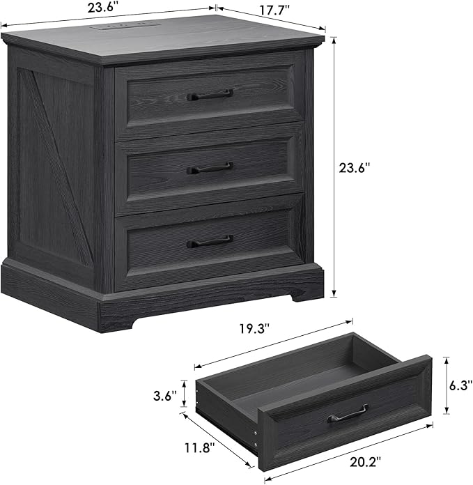 HOMMPA 24'' Farmhouse Nightstand with Charging Station, Bedside Tables with Storage, Side Table with USB Port, 3 Drawers End Table Dresser, Wood Night Stand for Bedroom, Living Room, Black