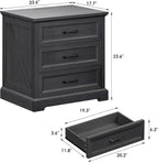 HOMMPA 24'' Farmhouse Nightstand with Charging Station, Bedside Tables with Storage, Side Table with USB Port, 3 Drawers End Table Dresser, Wood Night Stand for Bedroom, Living Room, Black