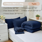 MUXHOMO 5 Pieces Twin Comforter Set, Seersucker Bed in a Bag Twin Size, All Season Luxury Bedding Set with Comforter, Flat Sheet, Fitted Sheet, Pillowcase & Sham, Navy Blue