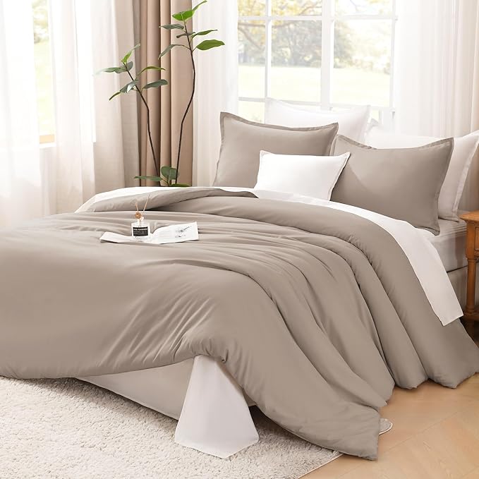 Litanika Light Coffee Comforter Full Size, 3 Pieces Lightweight Solid Bedding Set, All Season Fluffy Bed Set (79x90In Comforter & 2 Pillowcases)