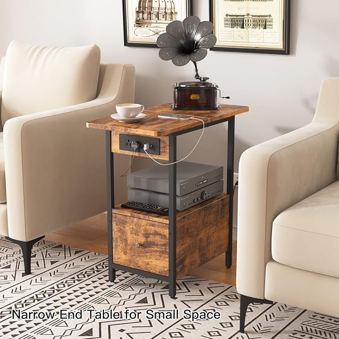 LIDYUK End Table with Charging Station, Narrow Side Table with Drawer and USB Ports & Power Outlets, Nightstand Bedside Tables for Small Spaces, Bedroom, Living Room, Rustic Brown