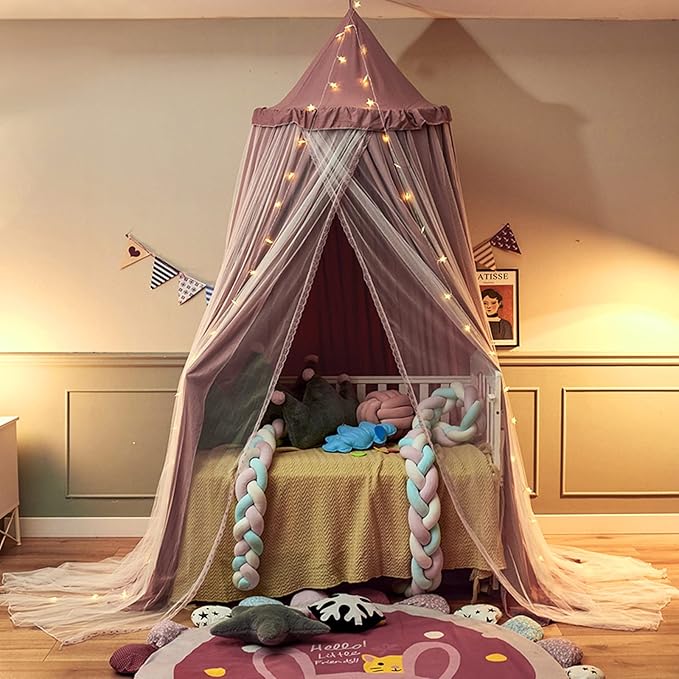 VETHIN Bed Canopy for with Lights,Double Layer Princess Round Dome Dreamy Mosquito Net Bedding Girls Room Castle Play Tent Hanging House Decor Reading Nook Canopies(Jujube Red/White)