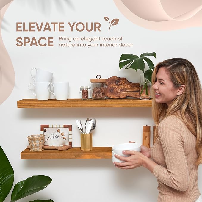 Homeforia 36 inch Golden Oak Floating Shelf, High End Solid Real Wood 36inch Small Floating Shelves for Wall Mounted, Oak Wooden 36in Floating Shelves, Heavy Duty Bracket, 36 X 6.5 X 1.75 in, Set of 2