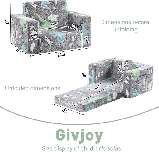 Toddler Chair Kids Couch, 2-in-1 Toddler Soft Sherpa Couch Fold Out Armchair with Removable Cover, Convertible Reading Chair Toddler Sofa for Kids, Glow in The Dark Plush Grey Dinosaur