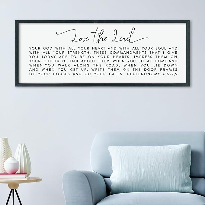 LuZhiQiang Love The Lord Your God With All Your Heart Wall Decor Art 40"×15" Deuteronomy 6:5-7, 9 Scripture Sign Bible Verse Large Wood Framed Wall Hanging (Black)