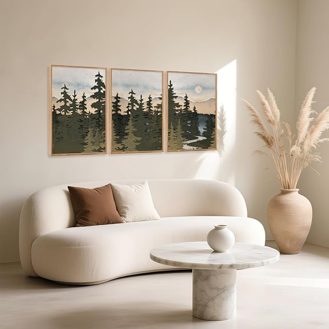 HPNIUB Vintage Mountain Framed Canvas Wall Art Set, Boho Sunrise Art Prints, Forest Nature Wilderness Art Paintings, Abstract Farmhouse Pine Tree Wall Decor for Living Room Bedroom, Office- 16"x24"x3