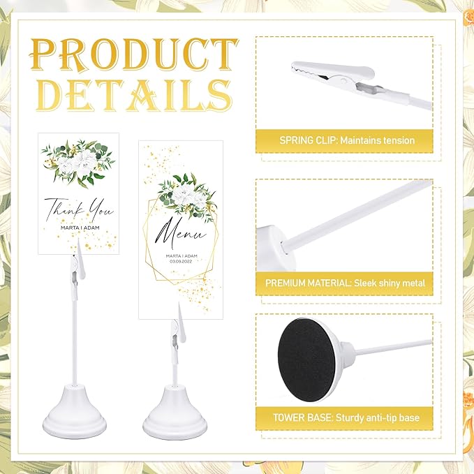 20 Pcs Table Number Holders 4/6/8/10 Inch Metal Place Card Holders with Alligator Clip Heavy Base Wedding Table Number Stand Picture Photo Clip for Banquet Party Birthday Restaurant(White)