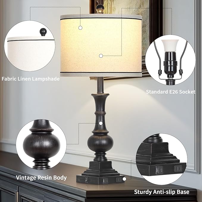 Farmhouse Table Lamps Set of 2, Vintage Bedside Lamps with USB A+C Charging Ports & AC Outlet, 26" Rustic Nightstand Lamp for Living Room Bedroom End Table Wash Black(2 LED Bulbs Included)