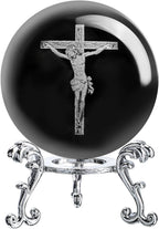 60mm 3D Glass Laser Etched Cross Jesus Crystal Ball with Stand Jesus Crucifixion Scene Figurine Crystal Cross Jesus Easter Decoration for Christianity Catholic