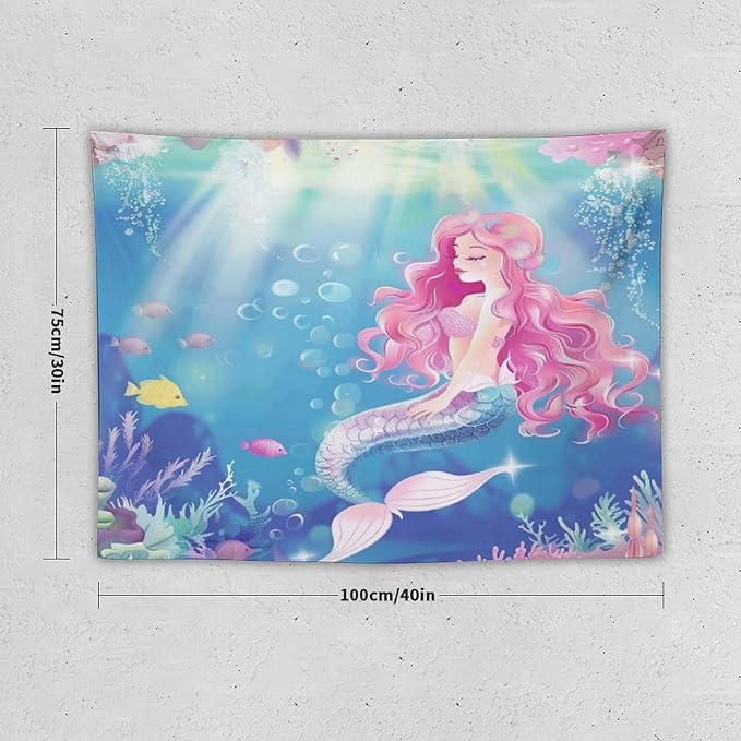 HZOHNAGO Mermaid Girls Tapestry Watercolor Mermaid Princess Pink Hair Pattern for Kids Room Decoration Printed Wall Tapestry Wall Hanging for Bedroom Living Room Dorm 40" W x 30" H