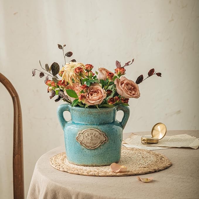 Blue Rustic Ceramic Vase, 5.8 Inch Distressed Wide Mouth Vase with Ice Cracked Glazed, Farmhouse Vintage Flower Vases for Home Office Decor Living Room Bedroom Table Centerpiece Decorations