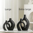 Levvohd XL Black Ceramic Vase Set of 2 for Modern Home Decor, Neutral Boho Round Donut Pampas Grass Vases, Nordic Aesthetic Vase, for Living Room Coffee Table Fire Place Book Style Shelf (H 11.1")